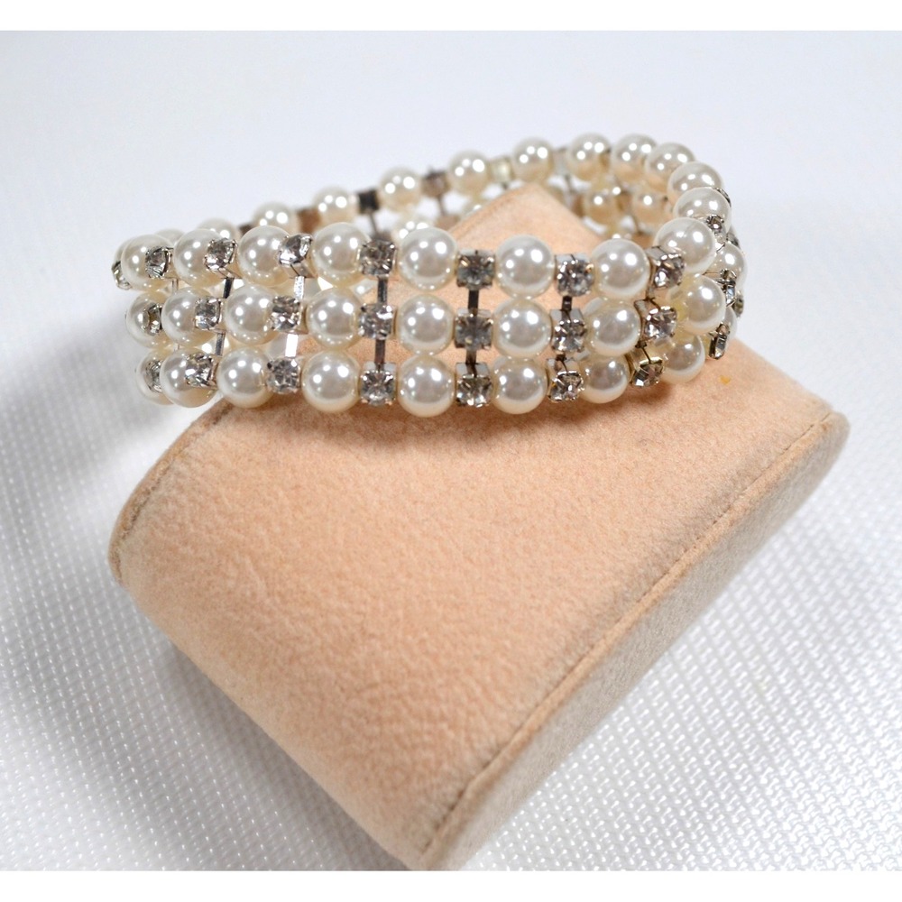 3 Strand Wide Faux Pearl Rhinestone Stretch Bracelet Multi Strand Wedding Bridal